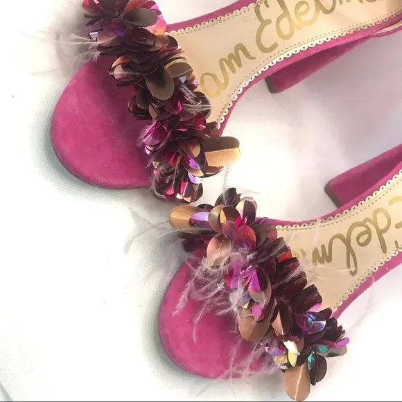 SAM EDELMAN &quot;YAL&quot; PINK SUEDE BLOCK HEEL SHOES WITH FEATHERS &amp; LG SEQUINS (9.5)