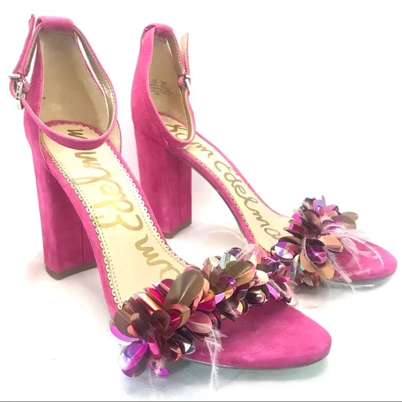 SAM EDELMAN &quot;YAL&quot; PINK SUEDE BLOCK HEEL SHOES WITH FEATHERS &amp; LG SEQUINS (9.5)