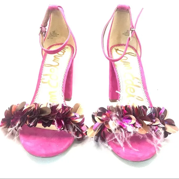 SAM EDELMAN &quot;YAL&quot; PINK SUEDE BLOCK HEEL SHOES WITH FEATHERS &amp; LG SEQUINS (9.5)
