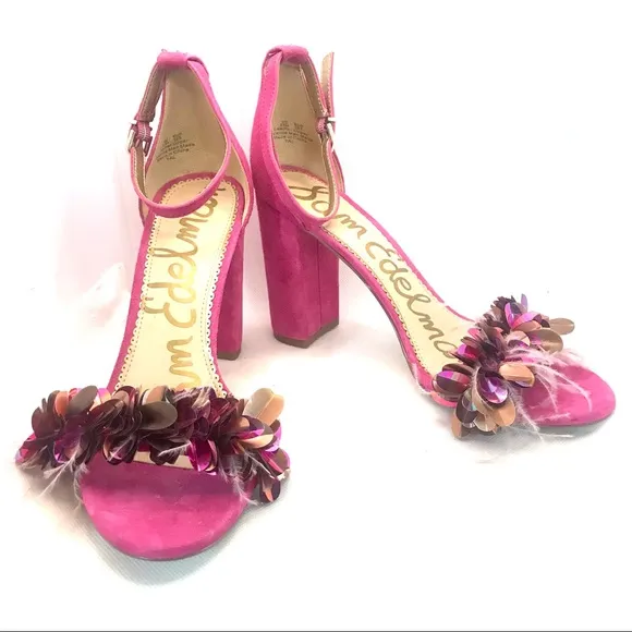 SAM EDELMAN &quot;YAL&quot; PINK SUEDE BLOCK HEEL SHOES WITH FEATHERS &amp; LG SEQUINS (9.5)