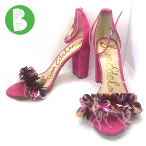 SAM EDELMAN &quot;YAL&quot; PINK SUEDE BLOCK HEEL SHOES WITH FEATHERS &amp; LG SEQUINS (9.5)
