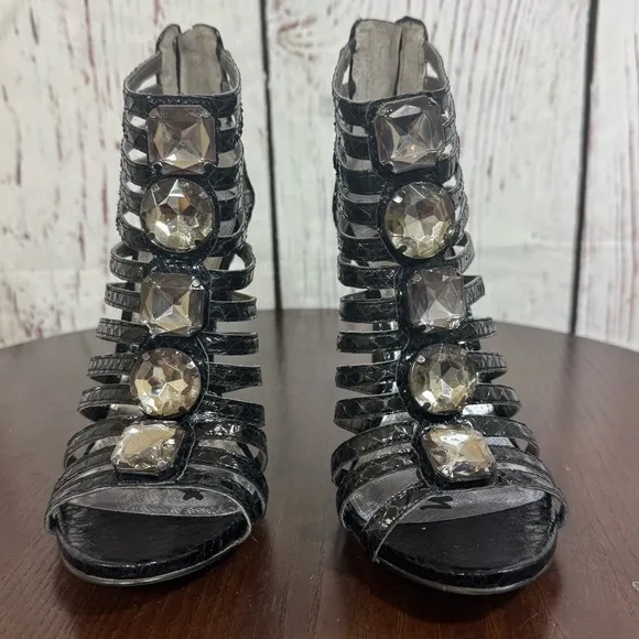 Sam Edelman Hampton Black Boa Snake Print Embossed Caged Heels Sandals Size 7.5
