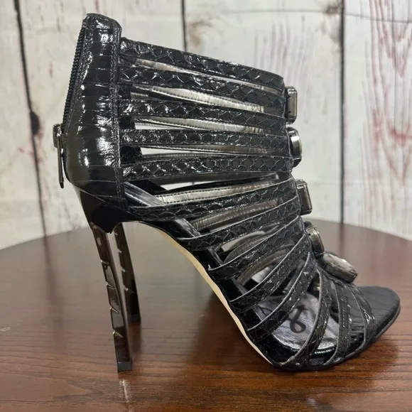 Sam Edelman Hampton Black Boa Snake Print Embossed Caged Heels Sandals Size 7.5