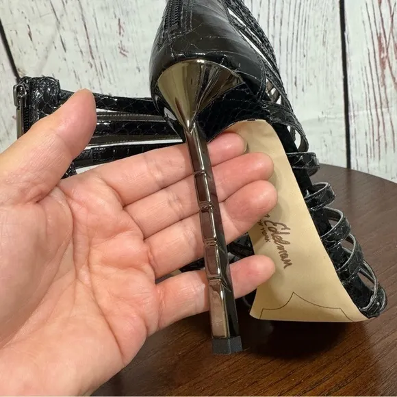Sam Edelman Hampton Black Boa Snake Print Embossed Caged Heels Sandals Size 7.5