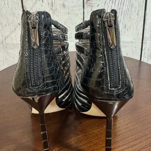 Sam Edelman Hampton Black Boa Snake Print Embossed Caged Heels Sandals Size 7.5