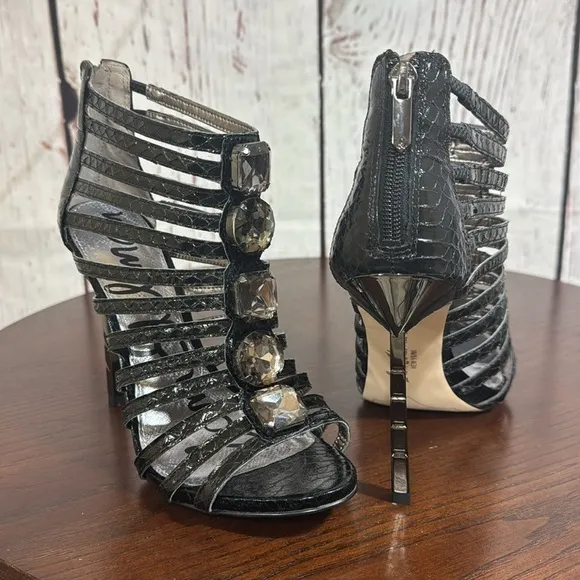 Sam Edelman Hampton Black Boa Snake Print Embossed Caged Heels Sandals Size 7.5