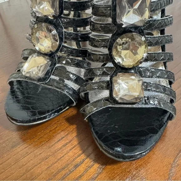 Sam Edelman Hampton Black Boa Snake Print Embossed Caged Heels Sandals Size 7.5