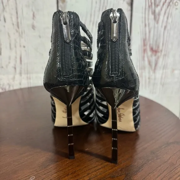 Sam Edelman Hampton Black Boa Snake Print Embossed Caged Heels Sandals Size 7.5