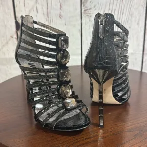 Sam Edelman Hampton Black Boa Snake Print Embossed Caged Heels Sandals Size 7.5