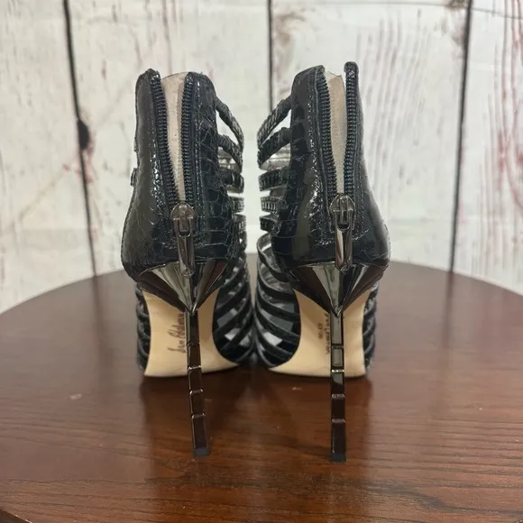 Sam Edelman Hampton Black Boa Snake Print Embossed Caged Heels Sandals Size 7.5