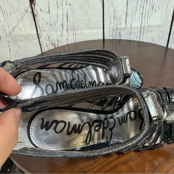 Sam Edelman Hampton Black Boa Snake Print Embossed Caged Heels Sandals Size 7.5