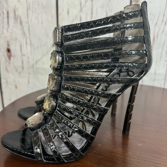 Sam Edelman Hampton Black Boa Snake Print Embossed Caged Heels Sandals Size 7.5