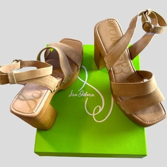 SAM EDELMAN Rosalind Wood Platform Heel Stud Detail Strappy Sandals NWT/9M