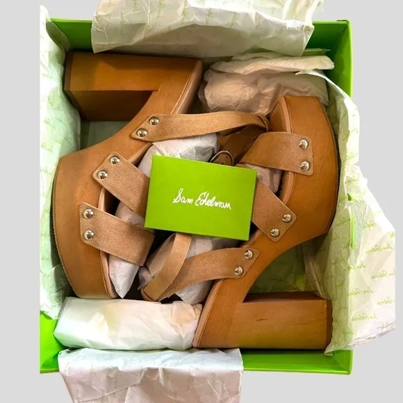 SAM EDELMAN Rosalind Wood Platform Heel Stud Detail Strappy Sandals NWT/9M
