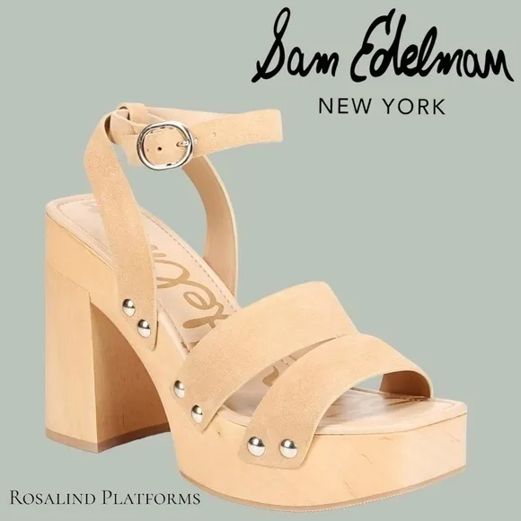 SAM EDELMAN Rosalind Wood Platform Heel Stud Detail Strappy Sandals NWT/9M