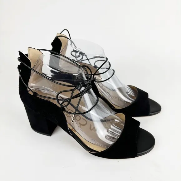 Sam Edelman Serene Lace-Up Strappy Sandal 9 Black Suede Block Heel Ankle Tie