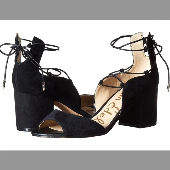 Sam Edelman Serene Lace-Up Strappy Sandal 9 Black Suede Block Heel Ankle Tie