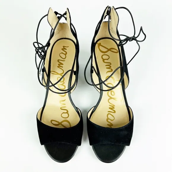 Sam Edelman Serene Lace-Up Strappy Sandal 9 Black Suede Block Heel Ankle Tie