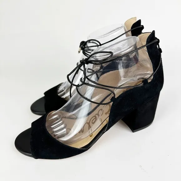 Sam Edelman Serene Lace-Up Strappy Sandal 9 Black Suede Block Heel Ankle Tie