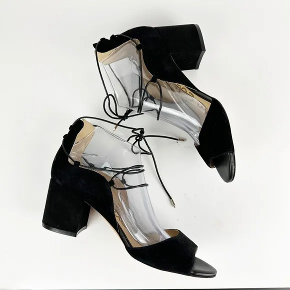 Sam Edelman Serene Lace-Up Strappy Sandal 9 Black Suede Block Heel Ankle Tie