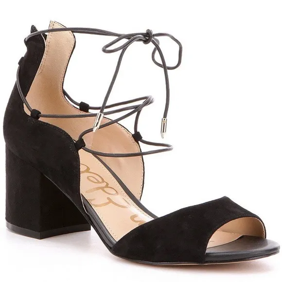 Sam Edelman Serene Lace-Up Strappy Sandal 9 Black Suede Block Heel Ankle Tie