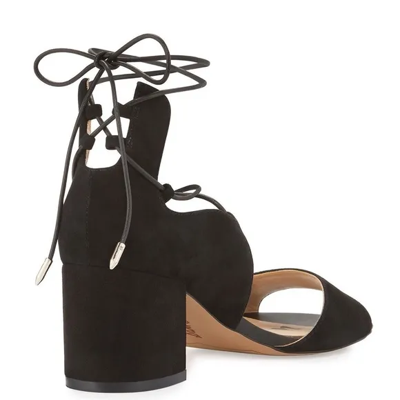 Sam Edelman Serene Lace-Up Strappy Sandal 9 Black Suede Block Heel Ankle Tie