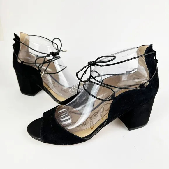 Sam Edelman Serene Lace-Up Strappy Sandal 9 Black Suede Block Heel Ankle Tie