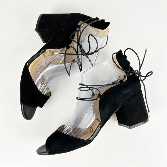 Sam Edelman Serene Lace-Up Strappy Sandal 9 Black Suede Block Heel Ankle Tie