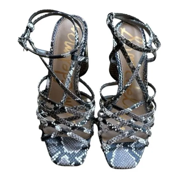 Sam Edelman Snake Skin Print Sandals Block Chunky Heel Strappy Chic Size 8.5
