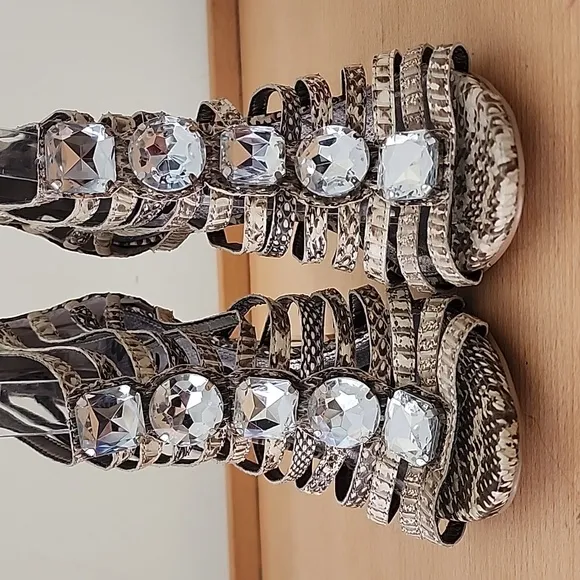 Sam Edelman Snakeskin Bejeweled Needle Heel Strappy Peep Toe Sandals 8M Ab