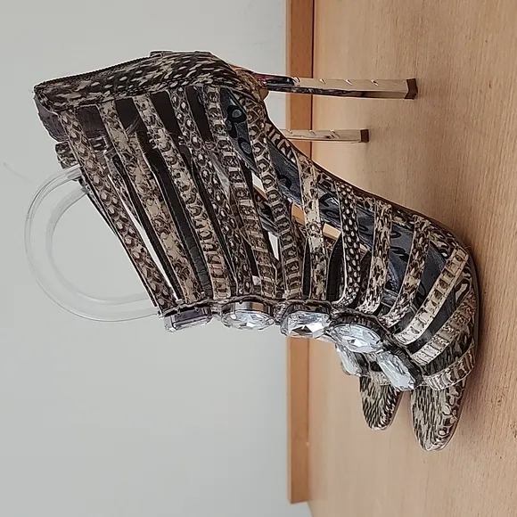 Sam Edelman Snakeskin Bejeweled Needle Heel Strappy Peep Toe Sandals 8M Ab