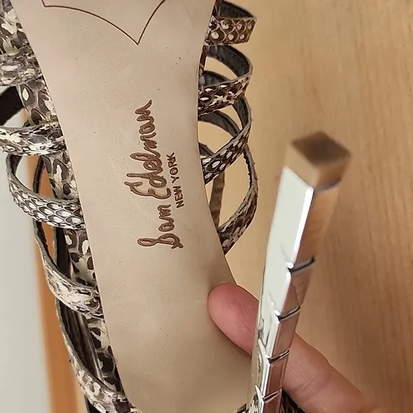 Sam Edelman Snakeskin Bejeweled Needle Heel Strappy Peep Toe Sandals 8M Ab