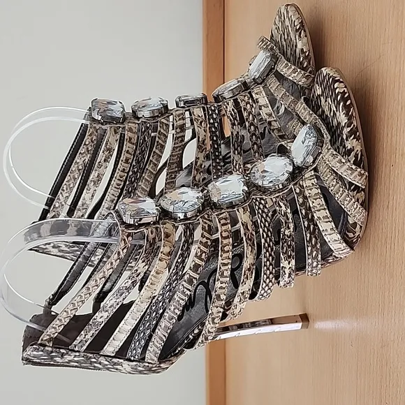 Sam Edelman Snakeskin Bejeweled Needle Heel Strappy Peep Toe Sandals 8M Ab