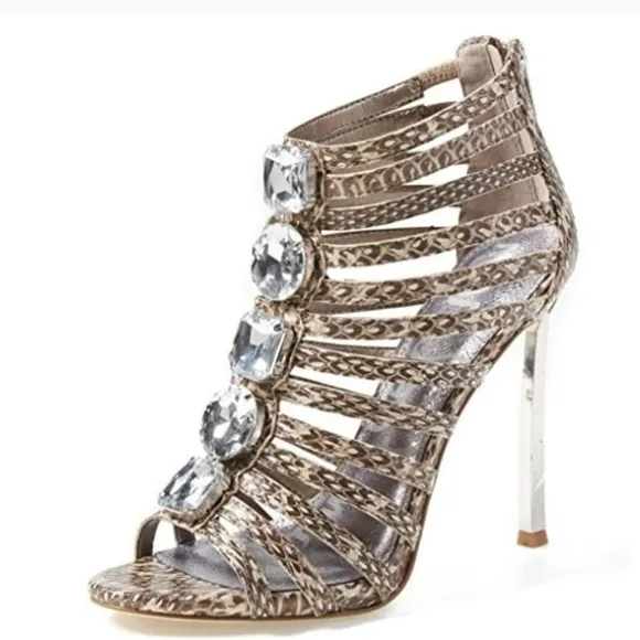 Sam Edelman Snakeskin Bejeweled Needle Heel Strappy Peep Toe Sandals 8M Ab