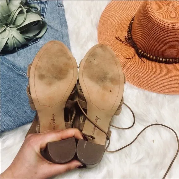 SAM EDELMAN Tan Nude Suede Strappy Leather Tie Up Strap Sandals Heels 8.5