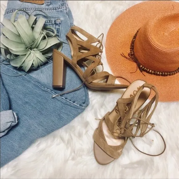 SAM EDELMAN Tan Nude Suede Strappy Leather Tie Up Strap Sandals Heels 8.5