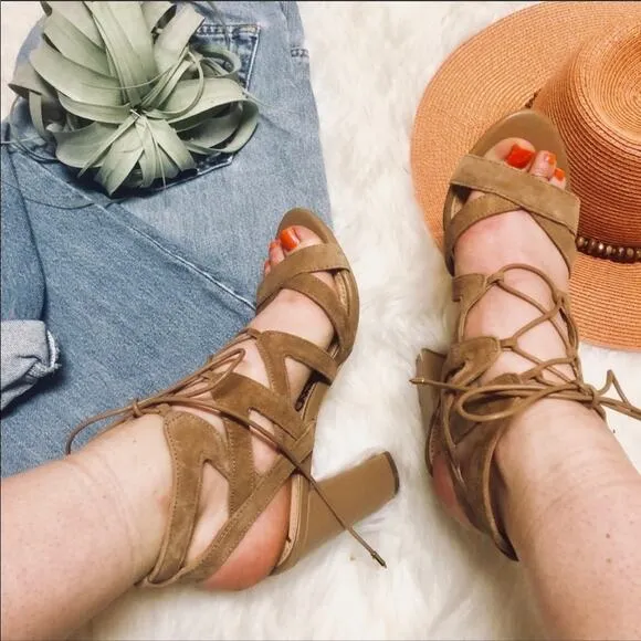 SAM EDELMAN Tan Nude Suede Strappy Leather Tie Up Strap Sandals Heels 8.5