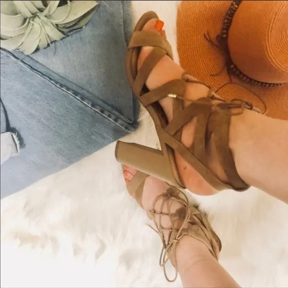 SAM EDELMAN Tan Nude Suede Strappy Leather Tie Up Strap Sandals Heels 8.5