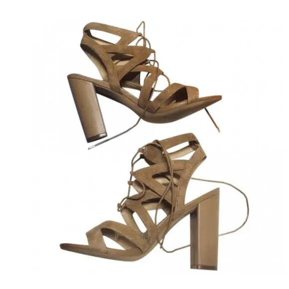 SAM EDELMAN Tan Nude Suede Strappy Leather Tie Up Strap Sandals Heels 8.5