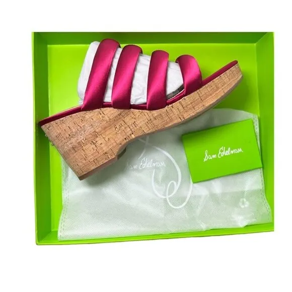 Sam Edelman Womens Red Satin Strappy Open Toe Cork Wedge Sandals Sz 9 M NIB