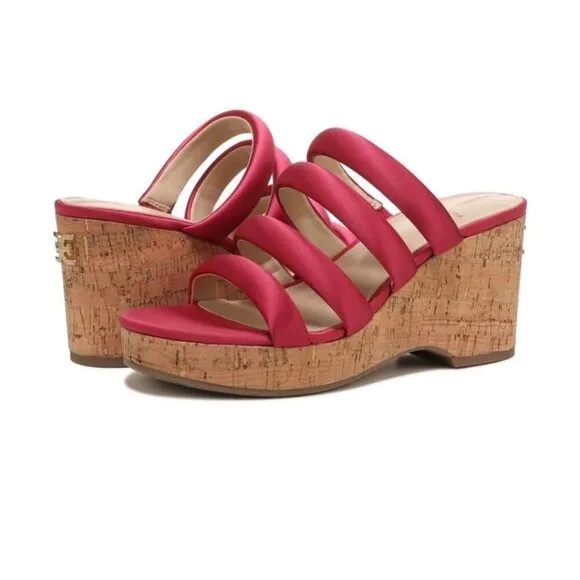 Sam Edelman Womens Red Satin Strappy Open Toe Cork Wedge Sandals Sz 9 M NIB
