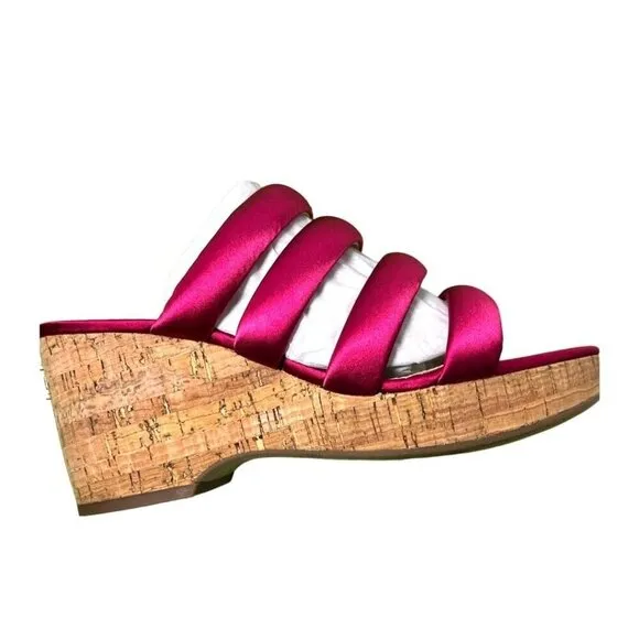 Sam Edelman Womens Red Satin Strappy Open Toe Cork Wedge Sandals Sz 9 M NIB