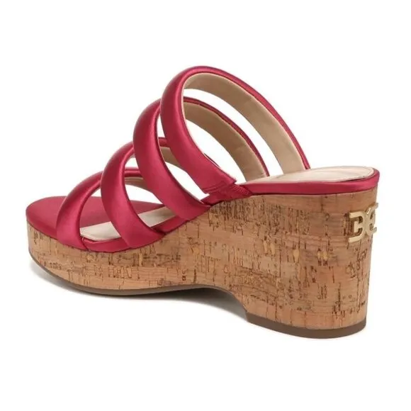 Sam Edelman Womens Red Satin Strappy Open Toe Cork Wedge Sandals Sz 9 M NIB