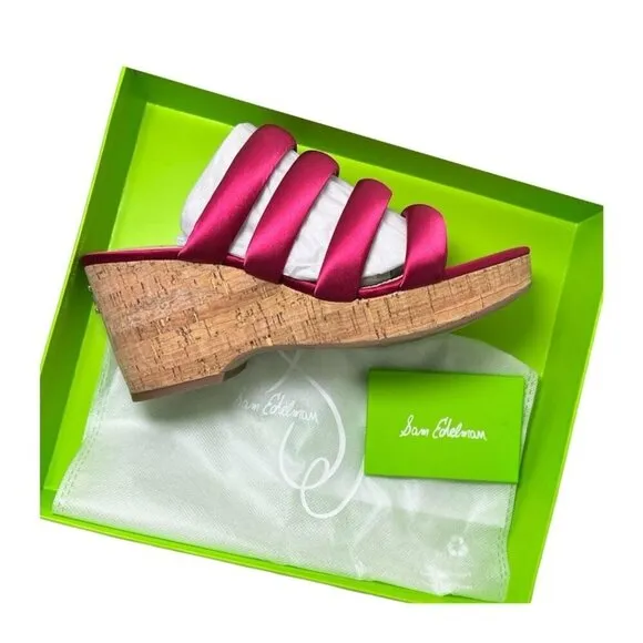Sam Edelman Womens Red Satin Strappy Open Toe Cork Wedge Sandals Sz 9 M NIB