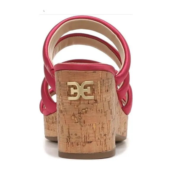 Sam Edelman Womens Red Satin Strappy Open Toe Cork Wedge Sandals Sz 9 M NIB