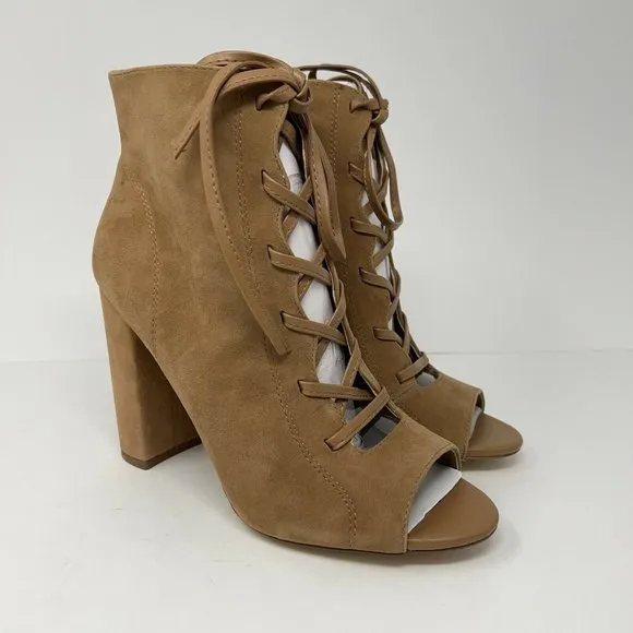 Sam Edelman Women’s YVIE Ankle Booties Tan Suede Block Heel Lace Up 9 M New