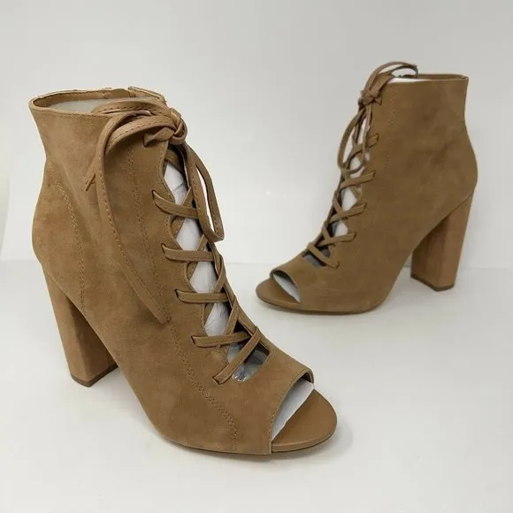 Sam Edelman Women’s YVIE Ankle Booties Tan Suede Block Heel Lace Up 9 M New