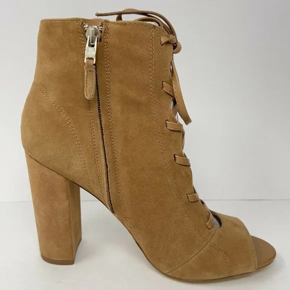 Sam Edelman Women’s YVIE Ankle Booties Tan Suede Block Heel Lace Up 9 M New