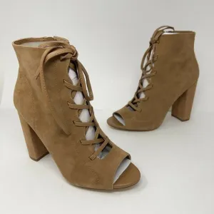 Sam Edelman Women’s YVIE Ankle Booties Tan Suede Block Heel Lace Up 9 M New
