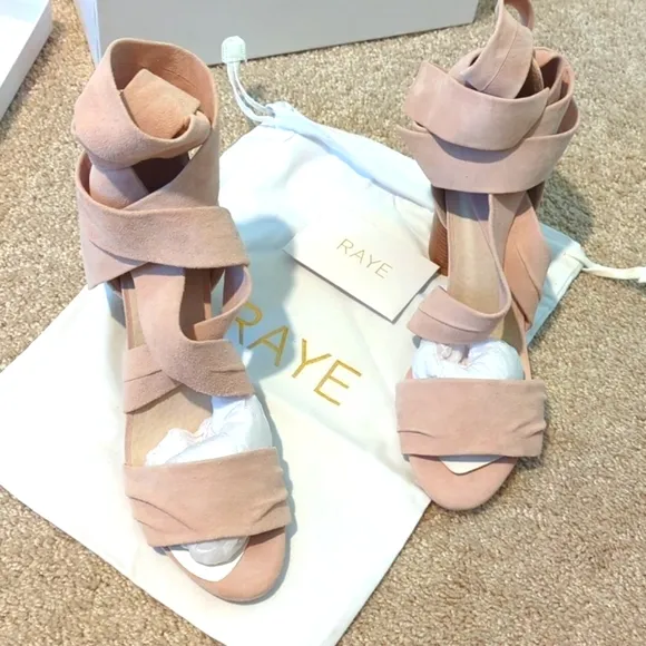 Sandals by RAYE Blush Suede  Strappy Tie Up Ankle w/Wooden Heel